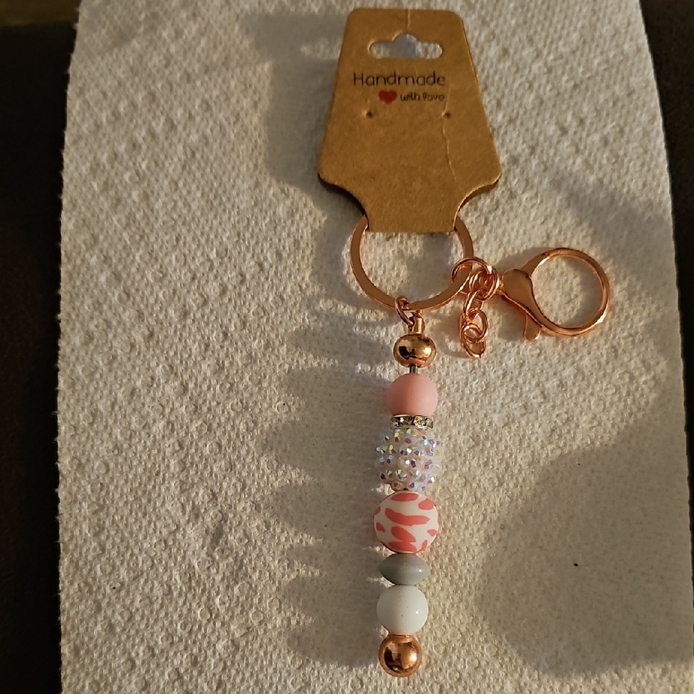 Pink and White Beaded Keyfinder Purse Keychain